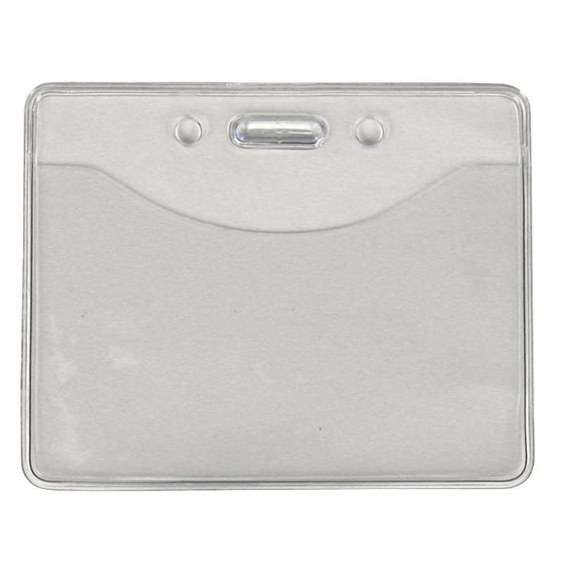 Horizontal Single Pocket Badge Holder, Clear Vinyl w/ Slot & Chain, 3-3/8" x 2-3/8" (Insert Size)
